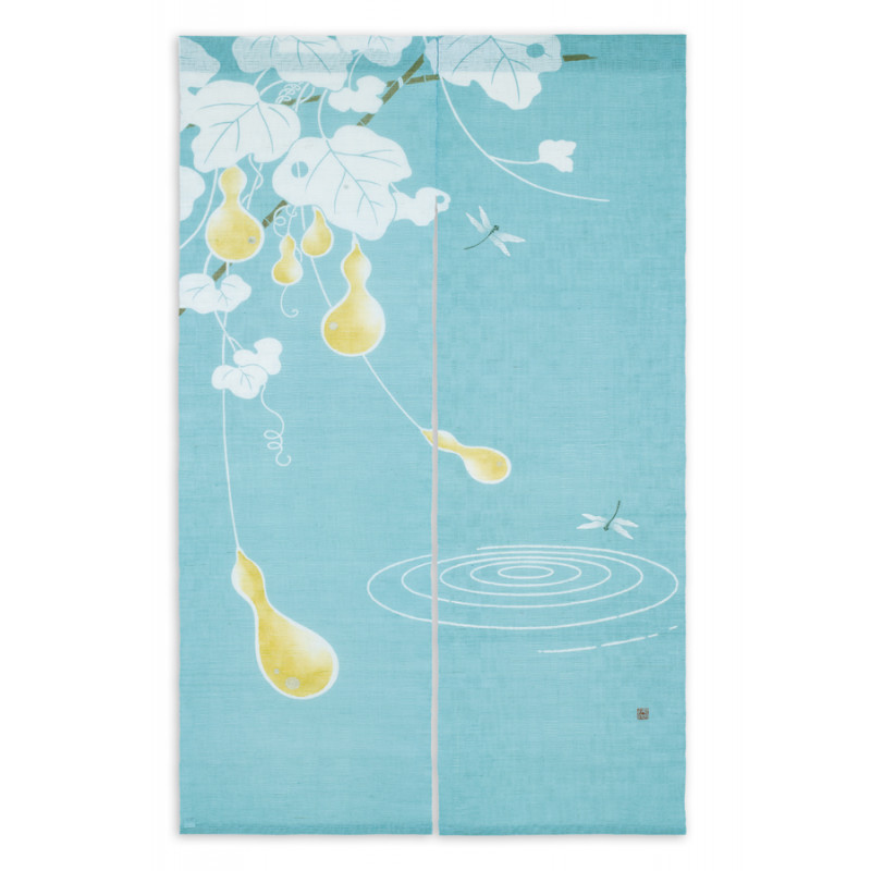 Hand painted blue hemp noren dragonflies and gourds pattern, UZUMAKI TONBO NI ROKU HYOTAN, 88x150cm