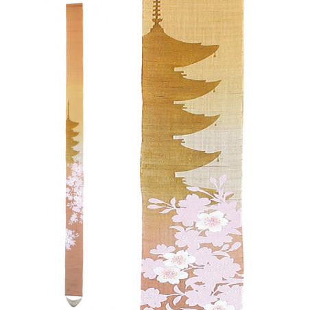 Tapiz japonés fino en cáñamo amarillo rosado pintado a mano con patrón de pagoda de 5 pisos, GOJUNOTO, 10x170cm