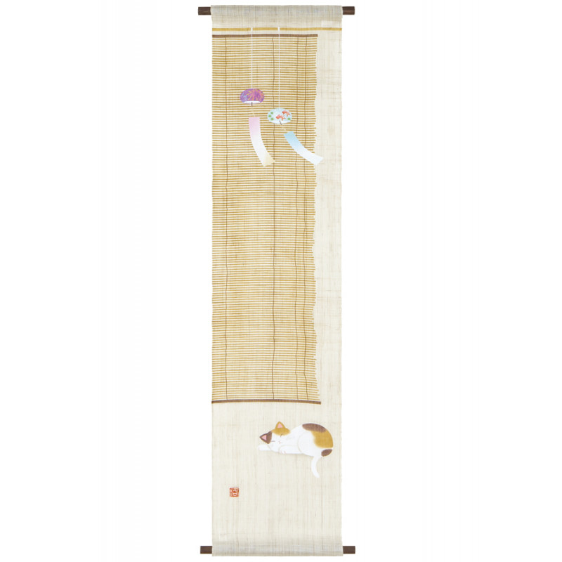 Tapisserie en chanvre beige peinte à la main motif chat et cloches à vent, HIRU NEKO NI FURIN, 30x130cm 