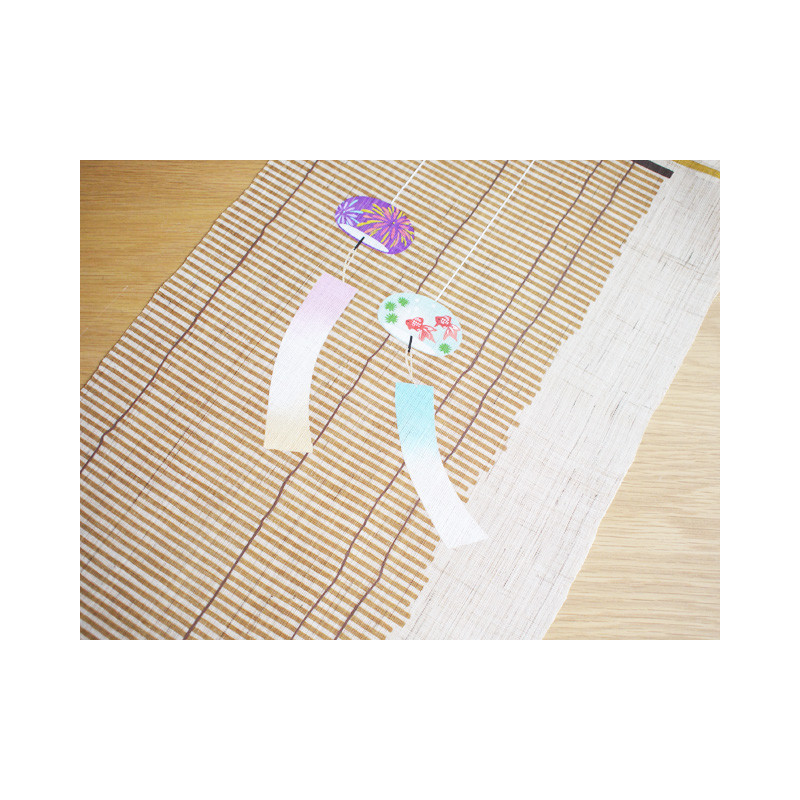 Hand painted beige hemp tapestry with cat and windbells, HIRU NEKO NI FURIN, 30x130cm