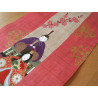 Hand painted pink hemp tapestry with peach flowers and imperial dolls pattern, TANZAKU MOMOHINA, 45x120cm