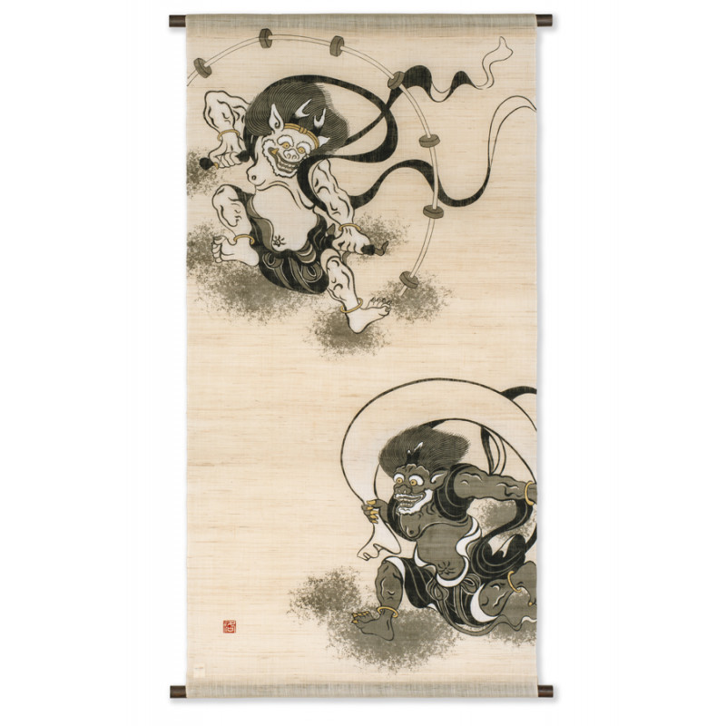 Tapisserie en chanvre beige peinte à la main motif dieu du vent et de la foudre, FUJIN RAIJIN, 60x120cm 