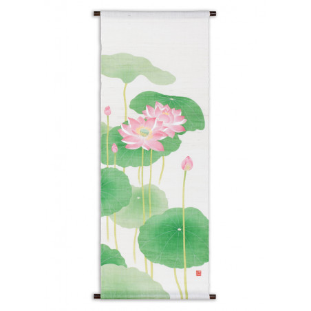 Tapisserie en chanvre beige peinte à la main motif lotus et nénuphares, HASUMI NO ASA, 45x120cm 