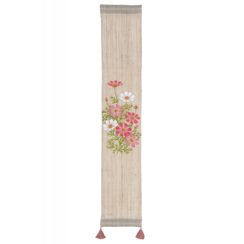 Feiner japanischer handbemalter beiger Hanfteppich mit Kosmosblumenmuster, KOSUMOSU, 10x60cm