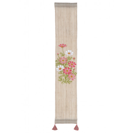 Raffinato arazzo di canapa beige dipinto a mano giapponese con motivo di fiori cosmo, KOSUMOSU, 10x60cm