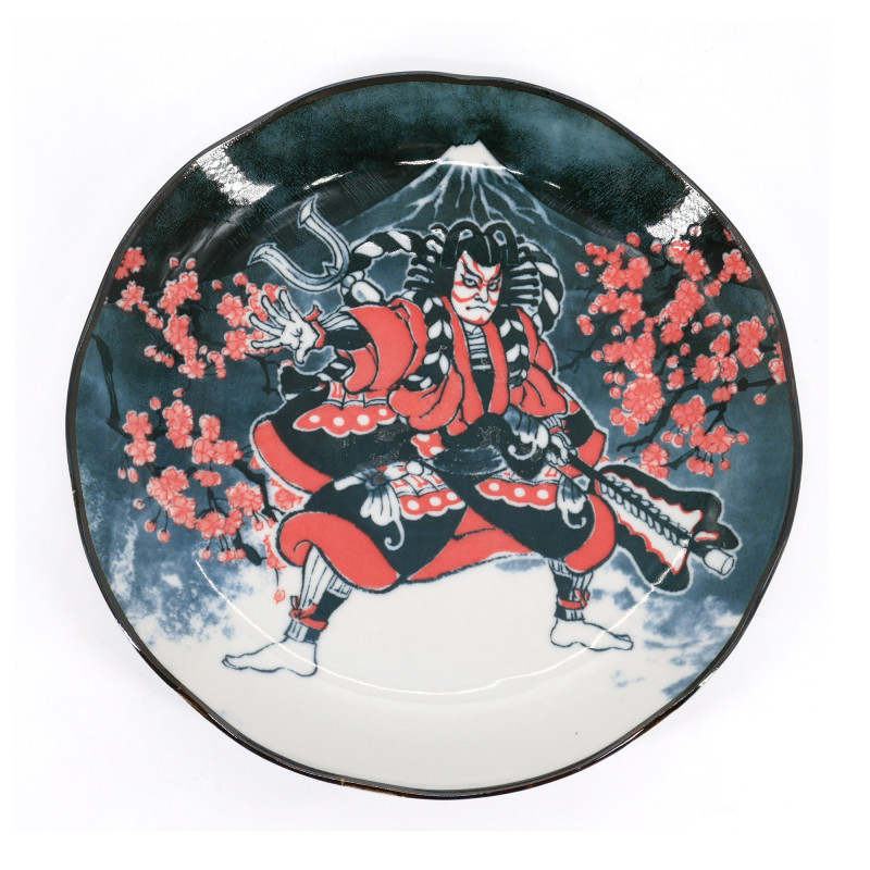 Japanese round ceramic plate, KABUKI theater, grey and red