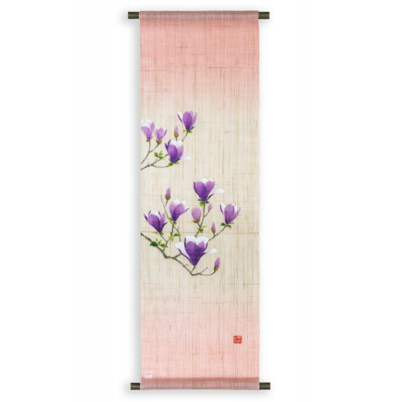 Tapiz de cáñamo beige pintado a mano con patrón de flores moradas y blancas, MOKUREN, 30x100cm