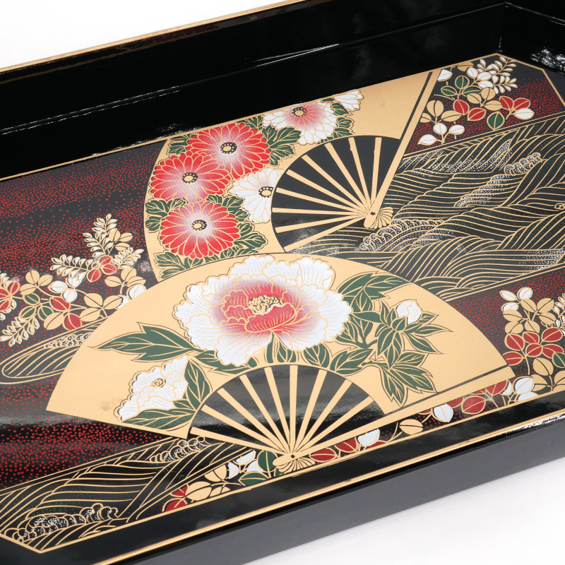 Rectangular black resin tray with fans and flowers pattern, MAIOHGI, 36.5x23x4cm