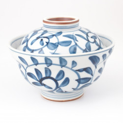 Japanese ceramic bowl with lid, TAKO KARAKUSHA, blue and white