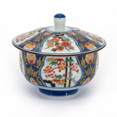 Japanese ceramic Chawanmushi tea bowl with lid, flower pattern, KOIMARI