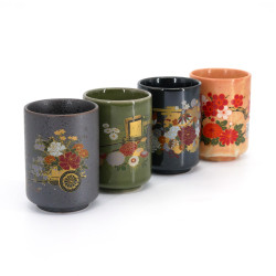 Set aus 4 japanischen Keramikbechern, traditionelle Blumen - BOTAN