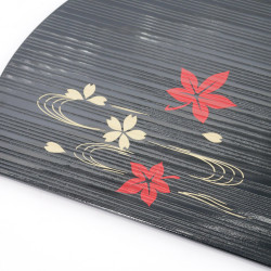 Schwarzes halbrundes Sushi-Tablett aus Harz mit Ahornblättern und Kirschblüten, MOMIJI SAKURA, 24 cm