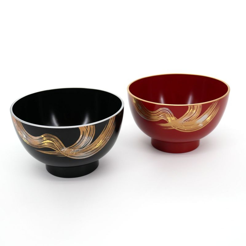 Duo japanischer schwarzer und roter Harzschalen mit goldenem Muster, FUGA, 12,5x7,5cm