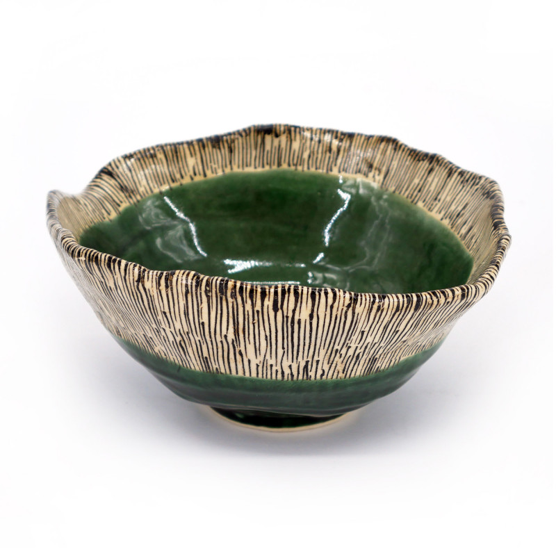 Japanische Keramikschale, MIDORIBEJU, grün und beige