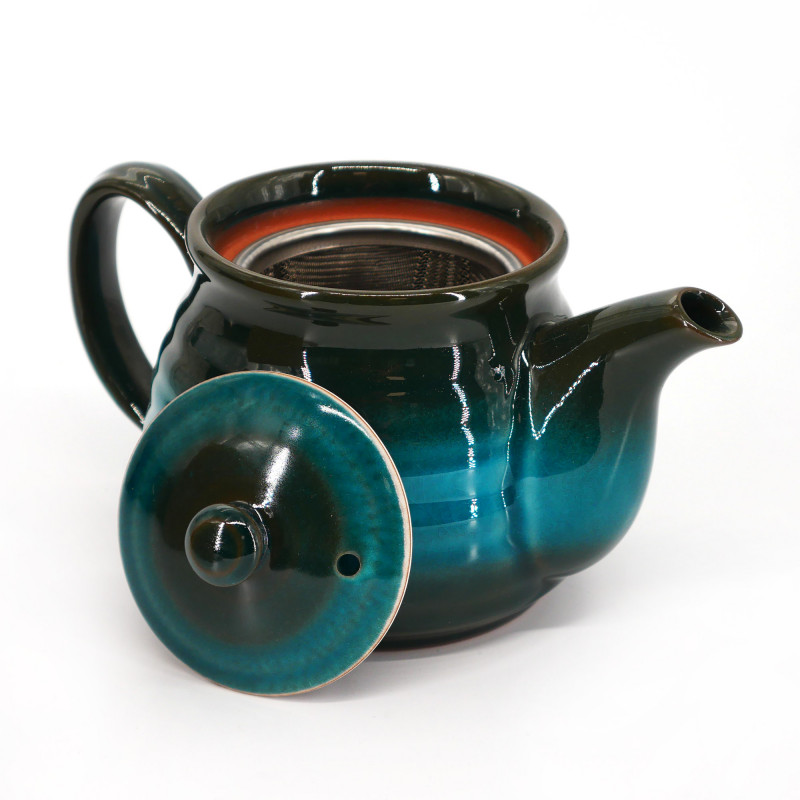 Japanese ceramic teapot with handle, IKIWATARU, black and blue line