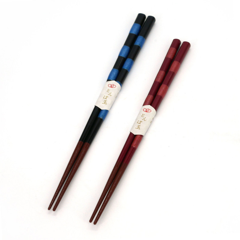 Par de palillos japoneses en madera natural roja o azul, WAKASA NURI ICHIBAN, 21 o 23 cm