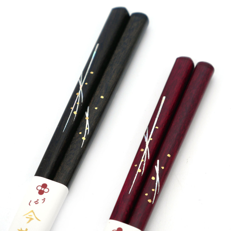 Pair of Japanese chopsticks in red or black natural wood, WAKASA NURI KAZE, 21 or 23 cm