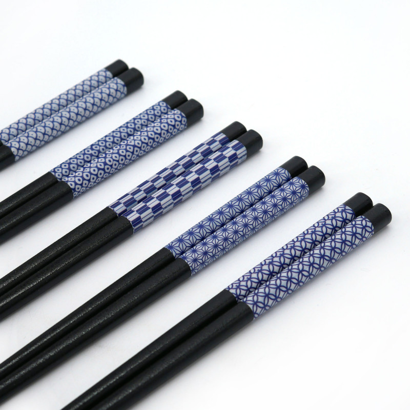Set di 5 paia di bacchette giapponesi nere con motivi blu, AOBAOI, 22,5 cm
