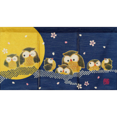 apanese blue twinkling owl noren curtain in 3-panel polyester, KIRAKIRAFUKUROU
