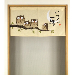 Japanese owl noren curtain in polyester 2 panels, FUKURO