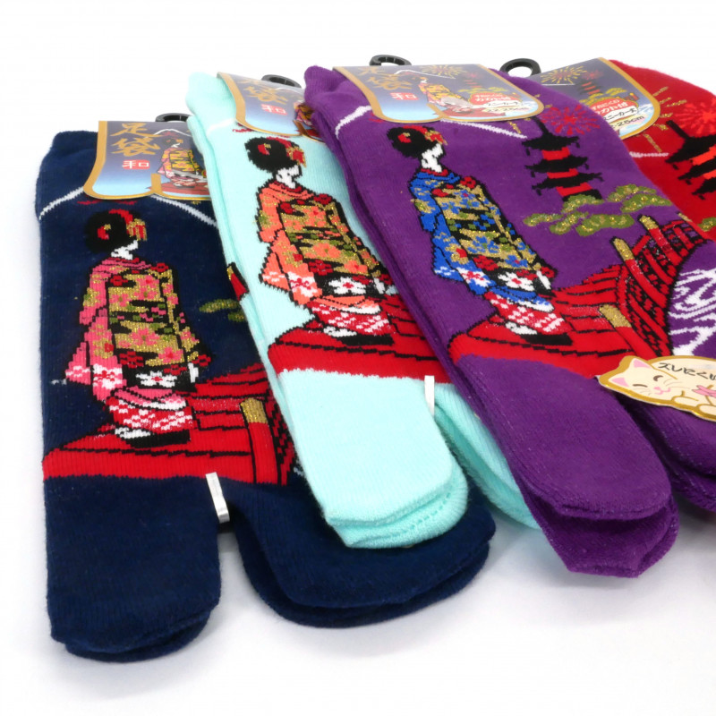 Calcetines tabi japoneses de algodón con motivo de mujer Geisha en un puente, GEISHA NO'NA HASHI, color a elegir, 22 - 25cm