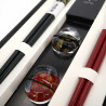 Set of 2 pairs of Japanese chopsticks and 2 chopstick holders in acrylic and resin with red and black flower motif, HANA