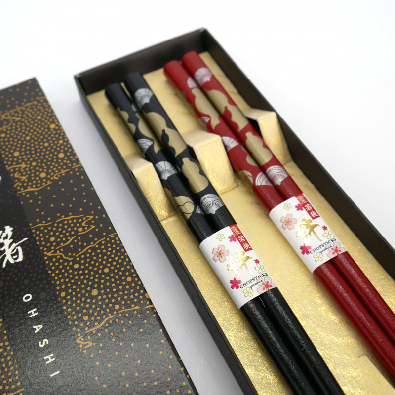 Set de 2 paires de baguettes japonaises motif éventail rouge et noir,FAN , 23cm