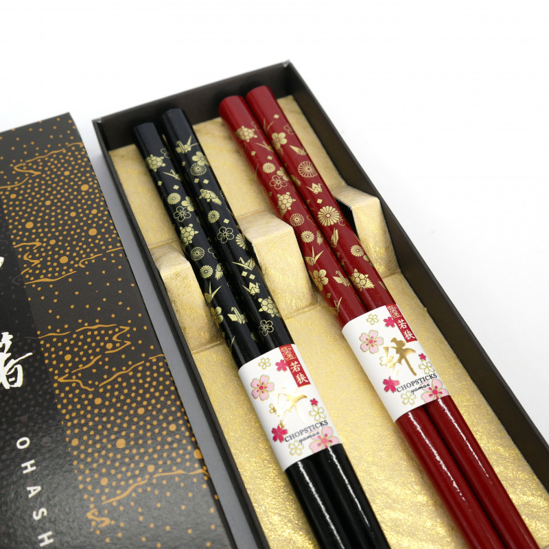 Set of 2 pairs of red and black Japanese chopsticks, KAME ZUGAIKOTSU, 23cm