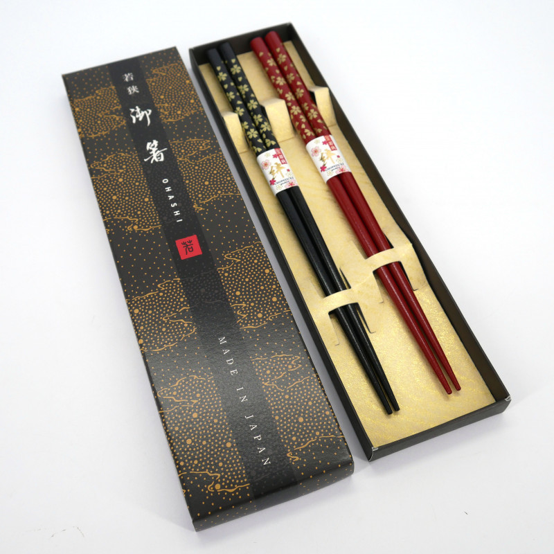 Set of 2 pairs of red and black Japanese chopsticks, AKAI HANA, 23cm