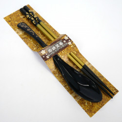 Pair of matching black acrylic and resin chopsticks and spoon set, SAKURA