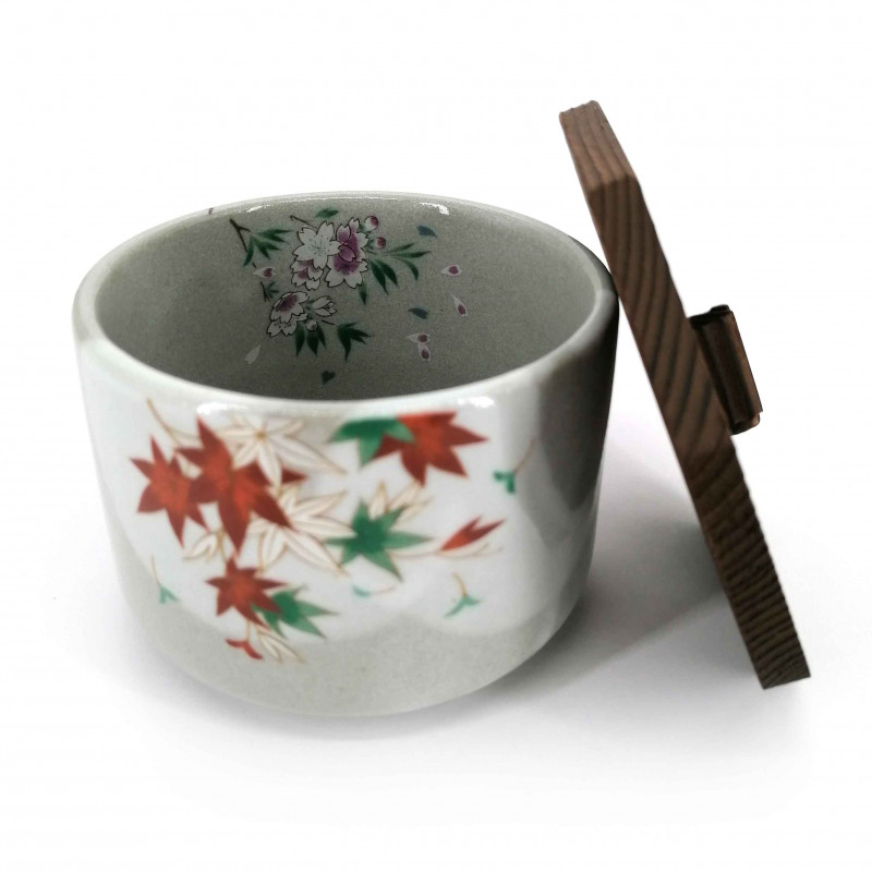 Cuenco de cerámica japonés gris con tapa de madera, TATTAGAWA, momiji