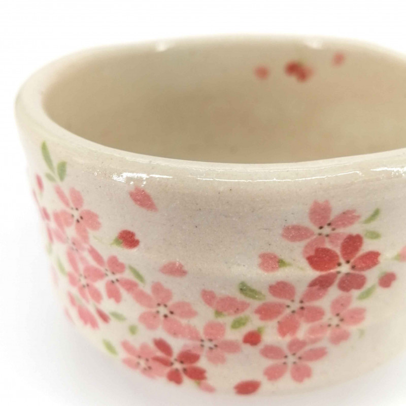 Ciotola giapponese per cerimonia del tè - chawan, beige, fiori rosa, SAKURA