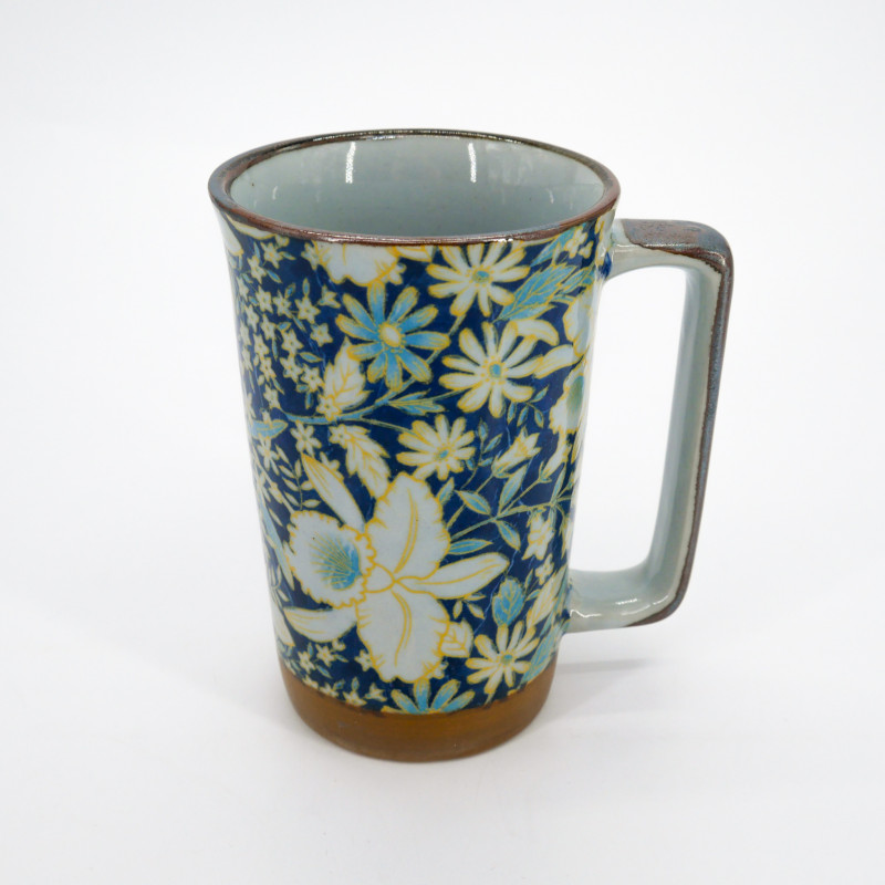 Large Japanese ceramic tea mug - Shippo Flowers Blue