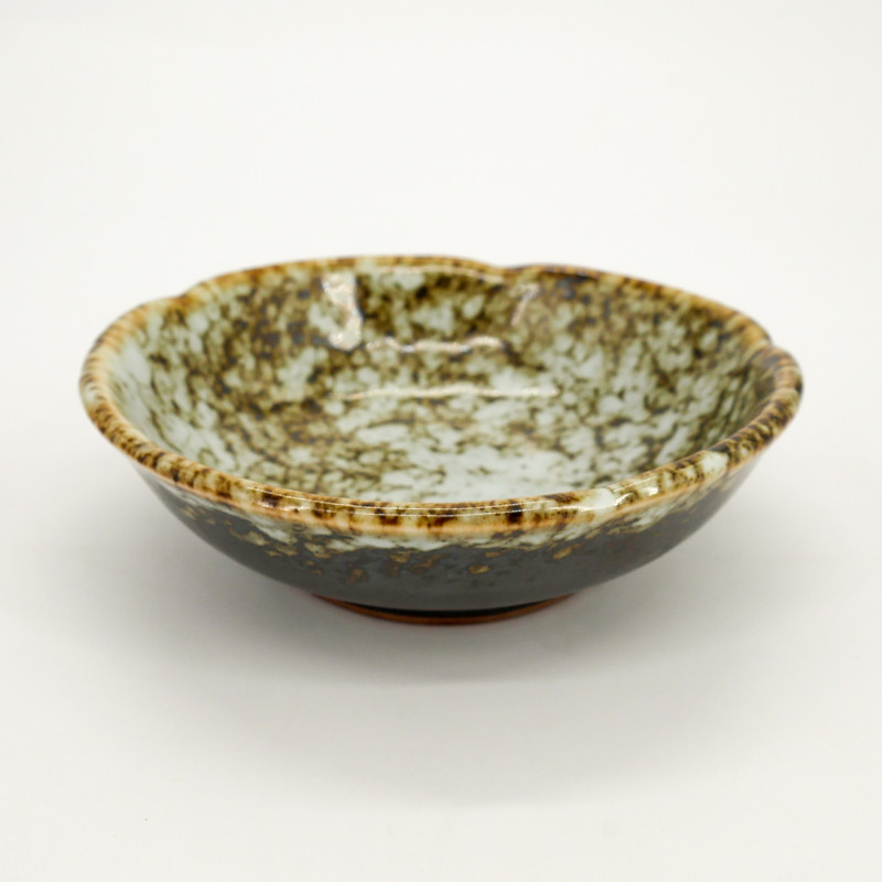 Plato pequeño de cerámica japonesa, marrón pigmentado y caqui, GANRYO