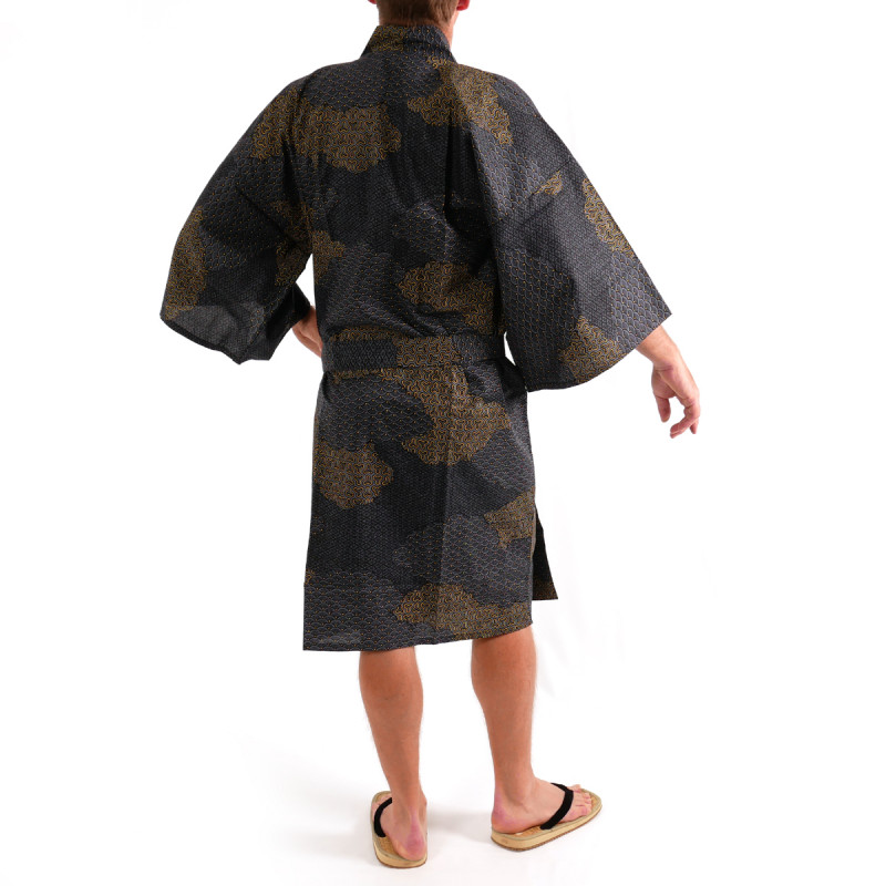 Japanese traditional black cotton happi coat kimono cloud pattern for men