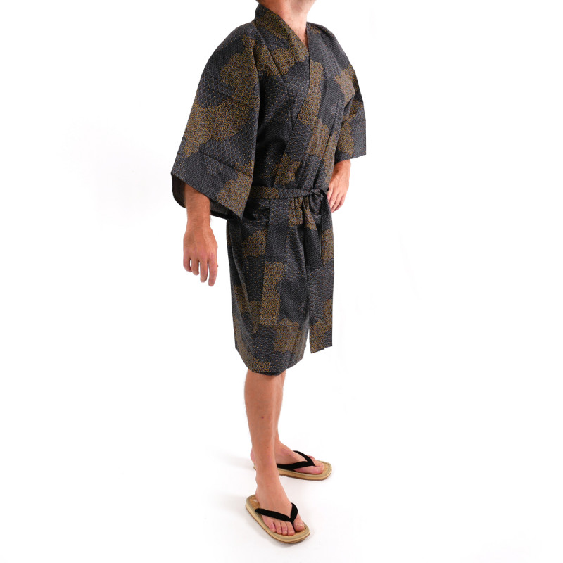 happi kimono giapponese nero in cotone, KUMO, nuvole