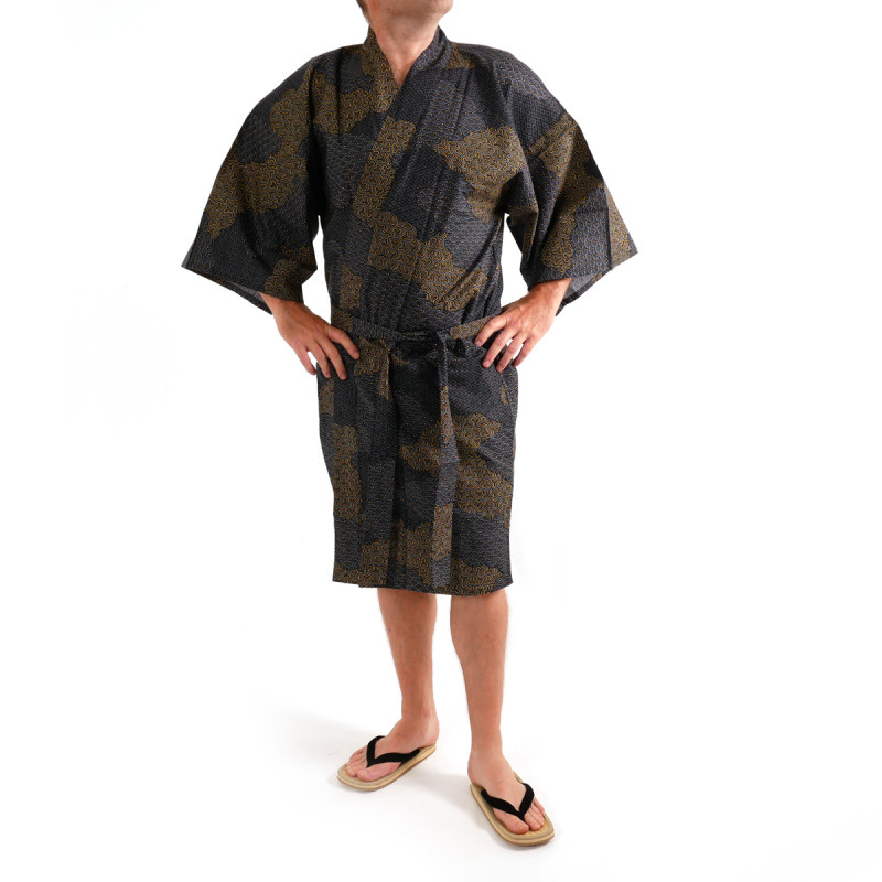 Kimono japonés happi en algodón negro, KUMO, nubes