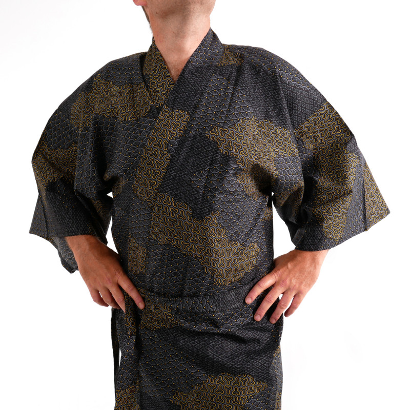 happi kimono giapponese nero in cotone, KUMO, nuvole