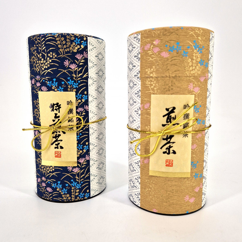 Duo de boîtes à thé japonaises bleu et jaune recouvertes de papier washi, HANAGOYOMI, 200 g