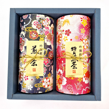 Duo of pink and black Japanese tea canisters covered with washi paper, PINKU NOWARU , 200 g