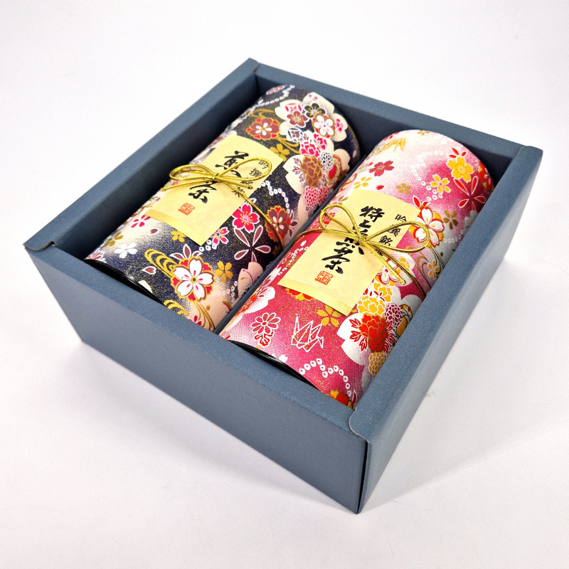 Duo de boîtes à thé japonaises rose et noir recouvertes de papier washi, PINKU NOWARU , 200 g