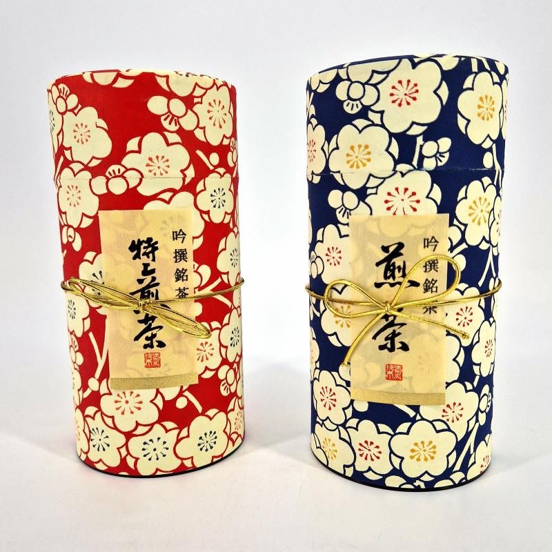 Duo of blue and red Japanese tea boxes covered with washi paper, UMEROMAN, 200 g