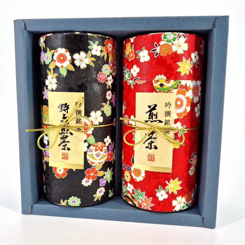 Duo of red and black Japanese tea canisters covered with washi paper, HANAYOSE , 200 g