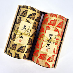 Duo di barattoli di tè giapponesi rossi e neri ricoperti di carta washi,  TENPAKU, 200 g