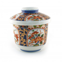 Japanese ceramic Chawanmushi tea bowl with lid, floral pattern, ARITA