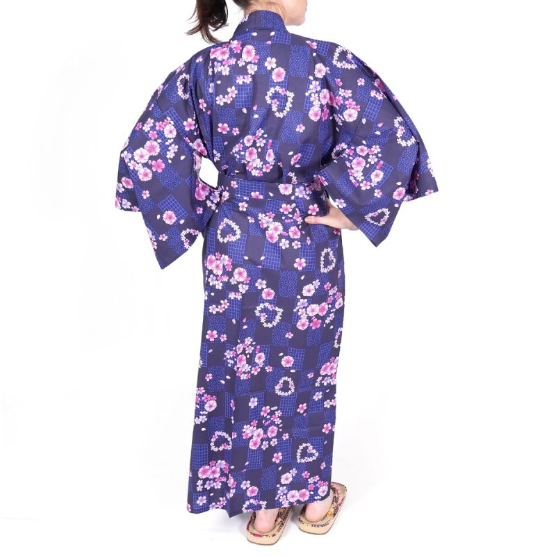 kimono japonais violet en coton pour femme KOMONICHIMATSU-NI-SAKURA