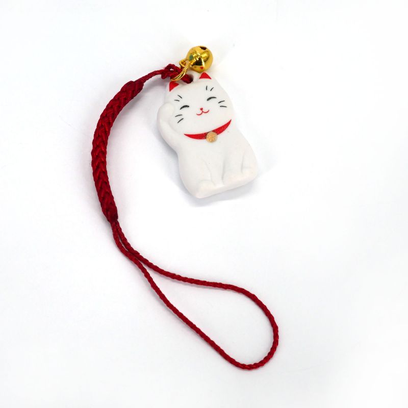 Manekineko Deko-Aufhänger aus weißer Keramik - KINUNRAIFUKU - 3 cm