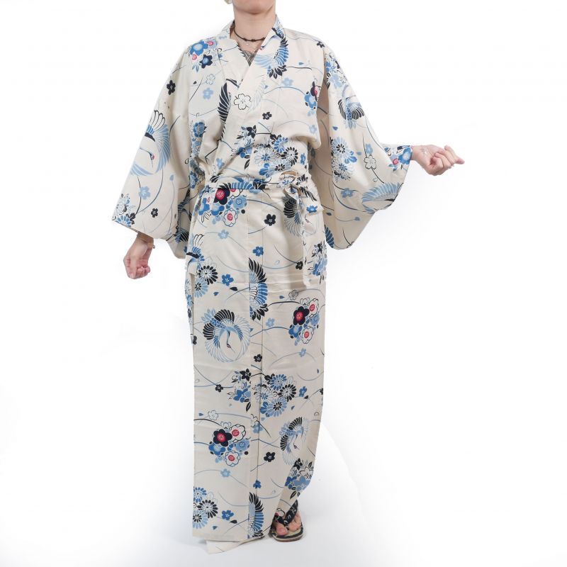 White cotton kimono for women - MARU NI TSURU