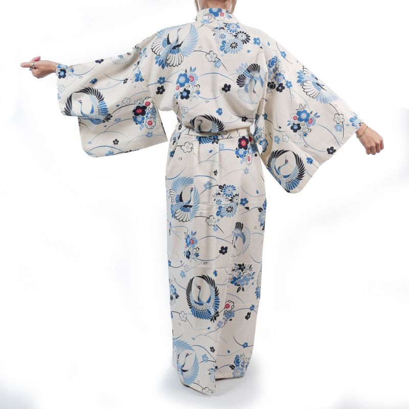 Weißer Baumwollkimono für Frauen - MARU NI TSURU