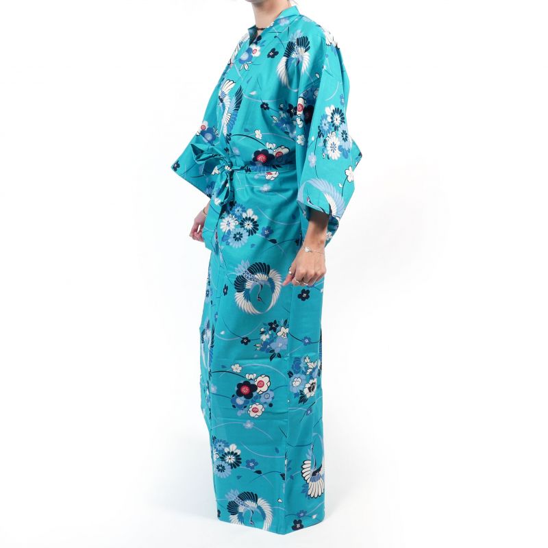 Blue cotton kimono for women - MARU NI TSURU